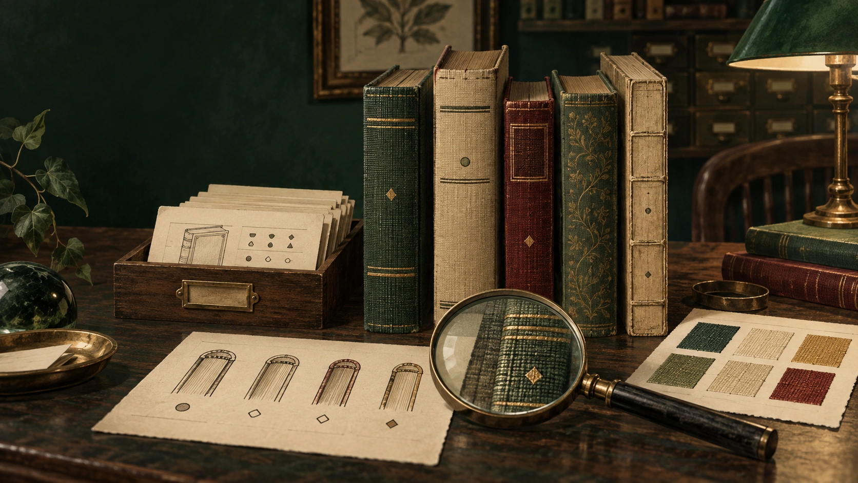 Livres anciens, fiches de catalogue et loupe sur un bureau d'archives
